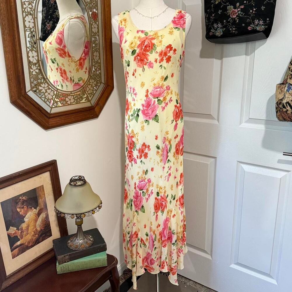 VTG 90s/Y2K Glamor Angel Yellow & Pink Floral Sequin Fairycore Maxi Dress L/M